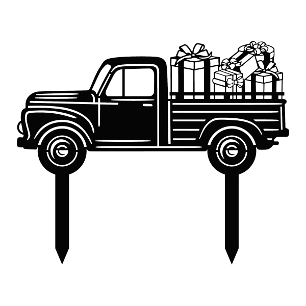 A laser-cut aluminum wall art piece depicting a vintage truck carrying wrapped presents. The truck features detailed wheels and cabin, with gifts stacked in the back. The raw metal finish gives it a rustic appearance, suitable for festive decorations.